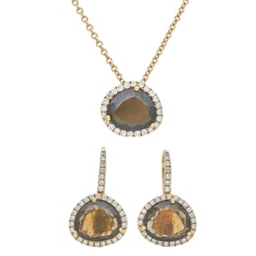 18K Rose Gold Smoky Quartz and Diamond Halo Drop Earrings and Pendant on 14K Rose Gold Chain