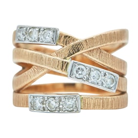 18K Rose and White Gold Diamond 4 Row Crossover Band Ring