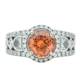 18K White Gold Orange Zircon and Diamond Halo Ring