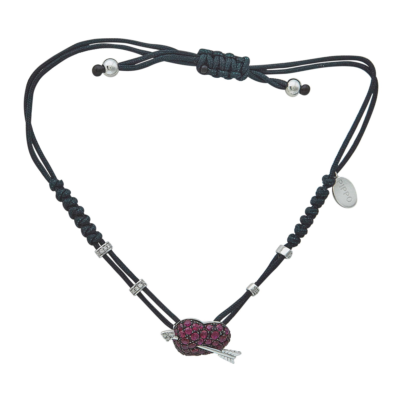 Pippo 18K White Gold Ruby and Diamond Heart and Arrow Cord Charm Bracelet (1 of 4)