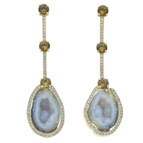 14K Yellow Gold Geode, Smoky Quartz and Diamond Drop Earrings