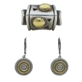 Silver and 14K Yellow Gold Diamond Drop Earrings and Ring Suite