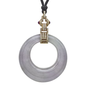 18K Rose Gold Jade Loop, Diamond and Ruby Pendant Necklace on Cord