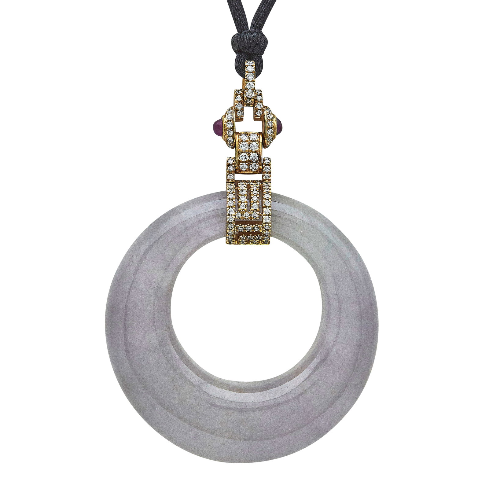 18K Rose Gold Jade Loop, Diamond and Ruby Pendant Necklace on Cord (1 of 4)