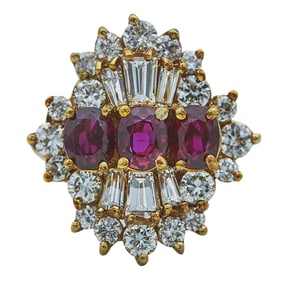 18K Yellow Gold Ruby and Diamond Cluster Ring, Size 2.75