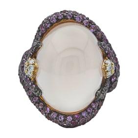 18K Yellow Gold Rose Quartz, Pink Sapphire and Diamond Cocktail Ring