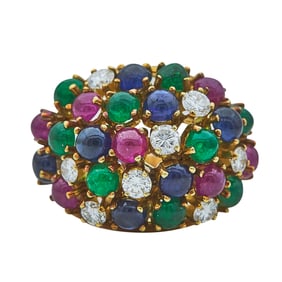 18K Yellow Gold Emerald, Ruby, Sapphire and Diamond Cluster Dome Ring