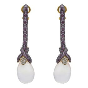 18K Yellow Gold Pink Sapphire, Diamond and Rose Quartz Drop Earrings