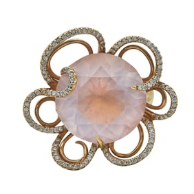 18K Yellow Gold Rose Quartz and Diamond Flower Ring