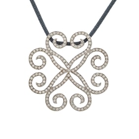 18K White Gold Diamond Openwork Pendant and Cord Necklace