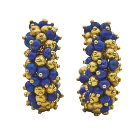 18K Yellow Gold Lapis Lazuli Beaded Hoop Earrings