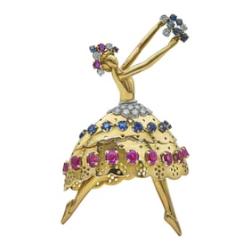18K Yellow Gold Ruby, Sapphire and Diamond Ballerina Dancer Brooch Pin