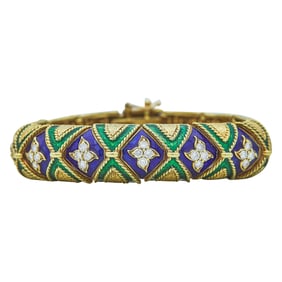 18K Yellow Gold Diamond and Enamel Flexible Dome Bracelet