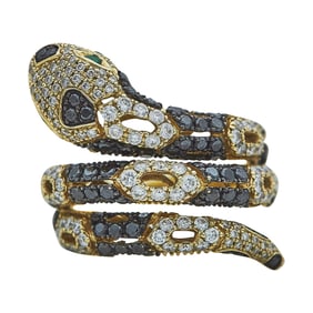 14K Yellow Gold Black and Colorless Diamond and Emerald Coiled Snake Ring