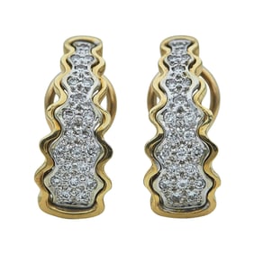 14K Yellow and White Gold Diamond Half Hoop Earrings