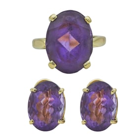 14K Yellow Gold Oval-Cut Amethyst Earrings and Ring Suite