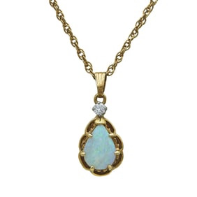 14K Yellow Gold Opal and Diamond Pendant Necklace and Opal Drop Earrings Suite