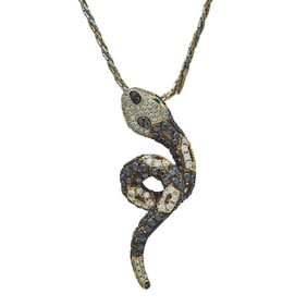 14K Yellow Gold Black and Colorless Diamond and Emerald Snake Pendant and 10K Yellow and White Gold