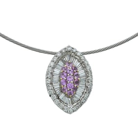 18K White Gold Diamond and Pink Sapphire Cluster Pendant and Wire Necklace