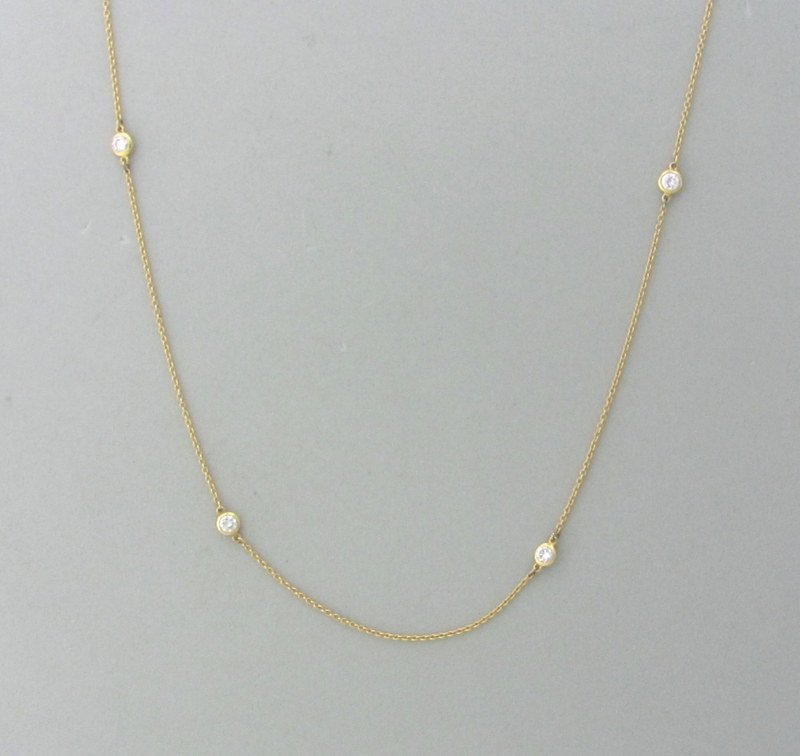 Tiffany & Co Peretti 18K Diamond By The Yard Necklace: Vintage Tiffany & Co. Elsa Peretti necklace, gemstones- 6 diamonds = approx 0.60 ctw, metal- 18k yellow gold, length- 18", weight- 2.6 gms., marks Tiffany & Co Peretti 18k, consignor #sbinc