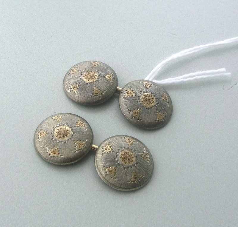 Buccellati Silver & Rose Gold Engraved Cufflinks: Antique Buccellati double-sided cufflinks, measurements- 14.5mm diameter, weight 7.6 gms, Marks- Buccellati, 925 585, c- me