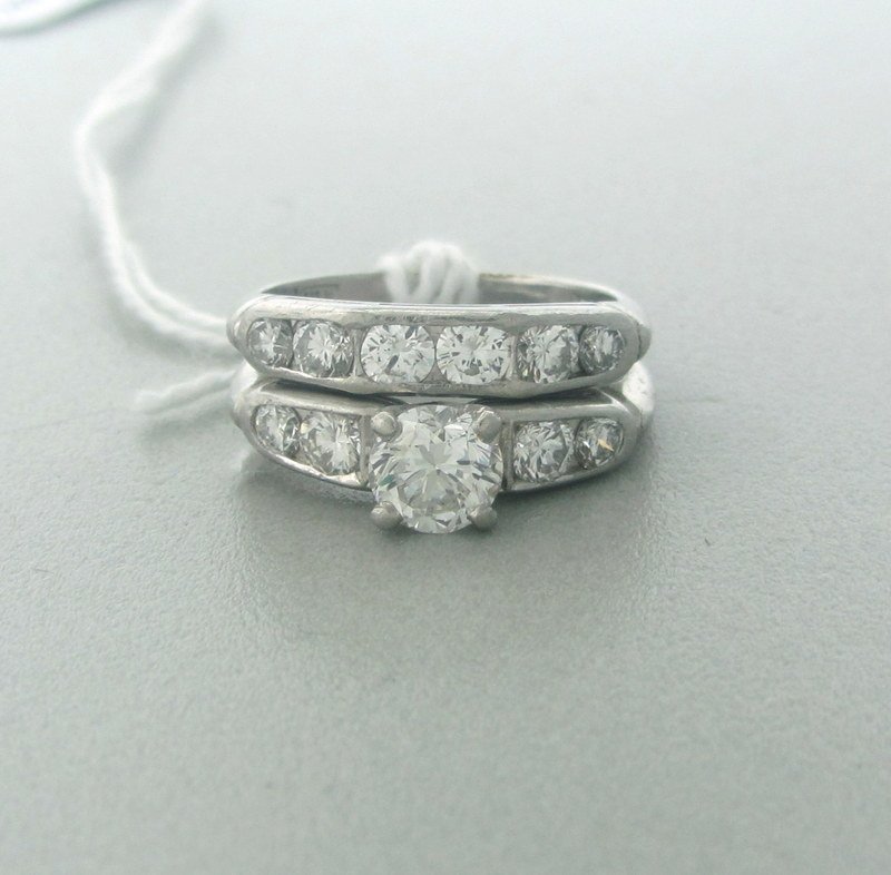 Vintage 1950s Diamond Engagement Wedding Band Set: Measurements- ring size aprox 5 1/4, weight- 8.3gms. gemstones- center round brilliant cut diamond= aprox 0.60- 0.65ct G/SI1, side diamonds= aprox 1.00ctw G/VS-SI, marks- Plat Kull,c-sbinc