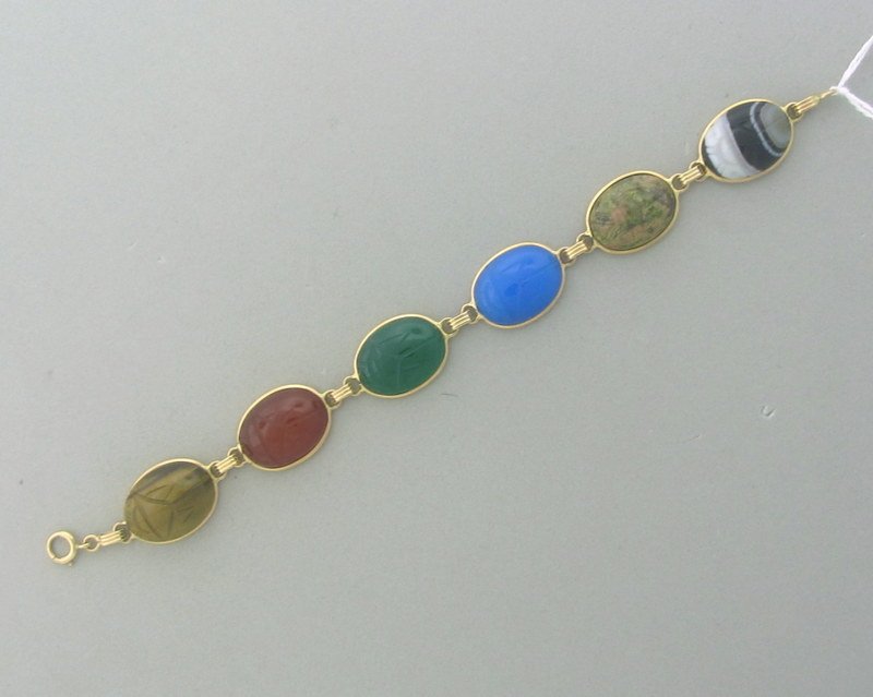 Vintage 14k Gold Gemstone Scarab Bracelet: Vintage 14k solid gold multi-gemstone scarab bracelet. weight 245.6 gms, length of bracelet 7', marks 14k, c #sbinc