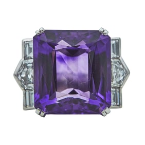 Platinum Rectangular-Cut Amethyst and Diamond Cocktail Ring