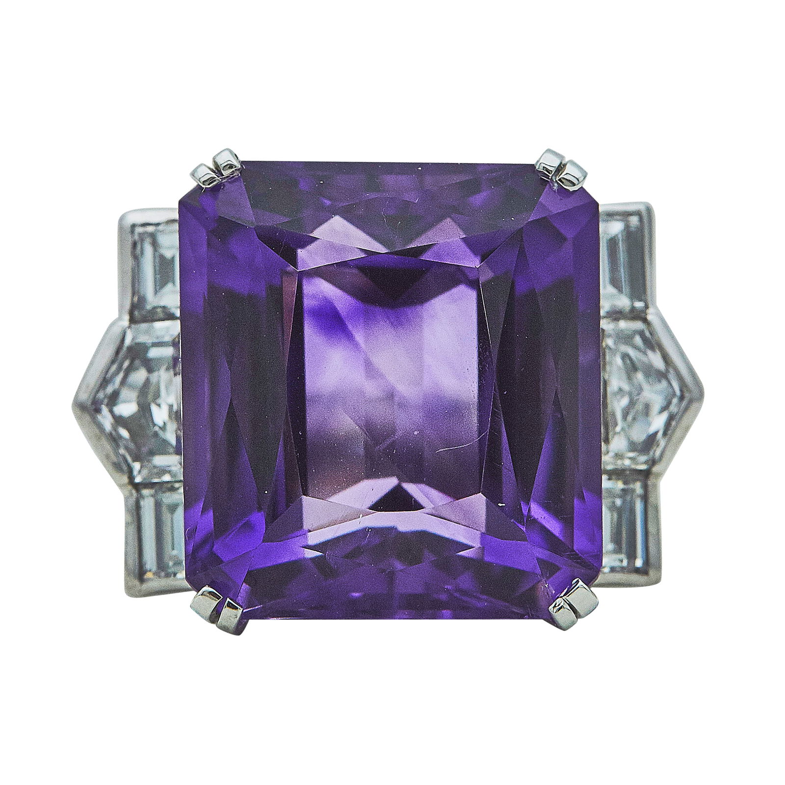 Platinum Rectangular-Cut Amethyst and Diamond Cocktail Ring