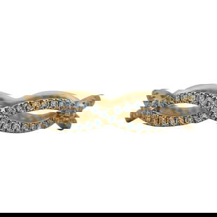 18K Yellow Gold Diamond Two Row Crossover Band Ring: METAL: 18K Yellow Gold; APPROXIMATE TOTAL DIAMOND WEIGHT: 0.65 ctw; STAMPED: 750, maker's mark; CONDITION: Pre-owned, Very Good; ITEM WEIGHT (GRAMS): 1.7 g; MEASUREMENTS: Ring size 6