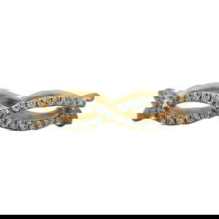 18K Yellow Gold Diamond Two Row Crossover Band Ring: METAL: 18K Yellow Gold; APPROXIMATE TOTAL DIAMOND WEIGHT: 0.54 ctw; STAMPED: 750, maker's mark; CONDITION: Pre-owned, Very Good; ITEM WEIGHT (GRAMS): 1.9 g; MEASUREMENTS: Ring size 5 3/4