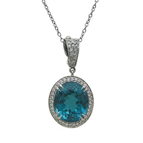 Platinum Tourmaline and Diamond Halo Pendant Necklace