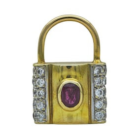 14K Yellow Gold Ruby and Diamond Padlock Pendant Charm