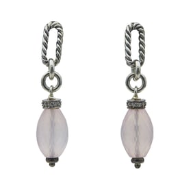 David Yurman Sterling Silver Rose Quartz and Diamond Drop Earrings