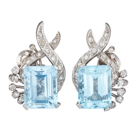 18K White Gold Emerald-Cut Aquamarine and Diamond Earrings