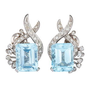 18K White Gold Emerald-Cut Aquamarine and Diamond Earrings