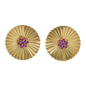 18K Yellow Gold Ruby Cluster Fan Earrings