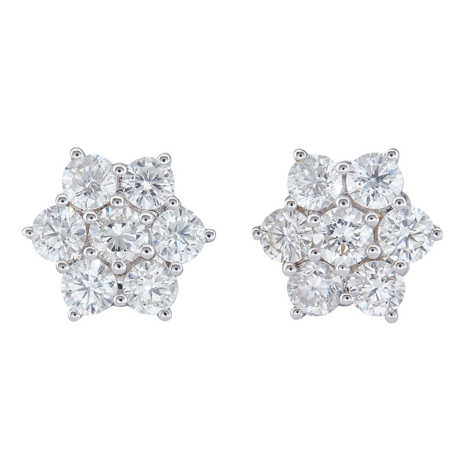 18K White Gold Diamond Flower Cluster Earrings: METAL: 18K White Gold; APPROXIMATE TOTAL DIAMOND WEIGHT: 1.50 ctw; TESTED: 18K White Gold; CONDITION: Pre-owned, Very Good; ITEM WEIGHT (GRAMS): 4 g; MEASUREMENTS: 10mm x 11mm; ADDITIONAL COMMENTS: Wi