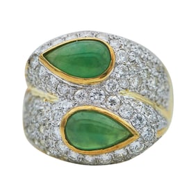 18K Yellow Gold Pear-Shaped Cabochon Jade and Diamond Bypass Ring