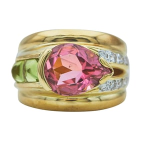 18K Yellow Gold Pear-Shaped Pink Tourmaline, Peridot and Diamond Ring