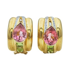 18K Yellow Gold Pear-Shaped Pink Tourmaline, Peridot and Diamond Half Hoop Earrings