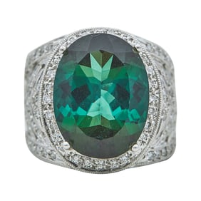 18K White Gold Oval-Cut Green Tourmaline and Diamond Halo Ring