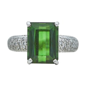 18K White Gold Green Tourmaline and Pavé Diamond Ring