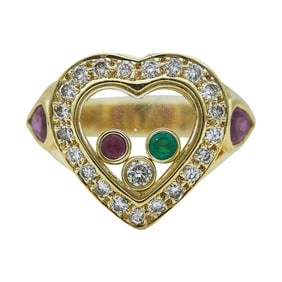 18K Yellow Gold Diamond, Emerald and Ruby Floating Stone Heart Ring