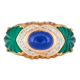 14K Yellow Gold Lapis Lazuli, Diamond and Carved Chalcedony Ring