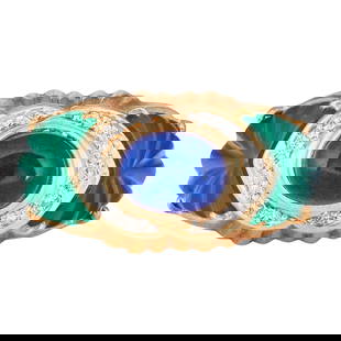 14K Yellow Gold Lapis Lazuli, Diamond and Carved Chalcedony Ring: METAL: 14K Yellow Gold; APPROXIMATE TOTAL DIAMOND WEIGHT: 0.14 ctw; GEMSTONES: Lapis Lazuli, Chalcedony; STAMPED: 585, 14K; CONDITION: Pre-owned, Very Good; ITEM WEIGHT (GRAMS): 6.8 g; MEASUREMENTS: R
