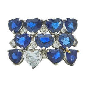 18K White Gold Heart-Shaped Sapphire and Diamond 3 Row Band Ring