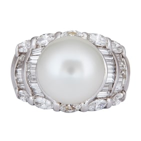 Platinum 12.3mm South Sea Pearl and Diamond Ring