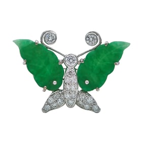 18K White Gold Jade and Diamond Butterfly Brooch Pendant