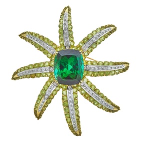 18K Yellow Gold Green Tourmaline, Peridot and Diamond 8 Legged Starfish Brooch Pin